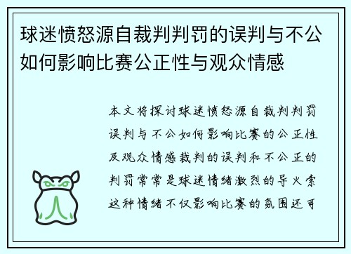 球迷愤怒源自裁判判罚的误判与不公如何影响比赛公正性与观众情感